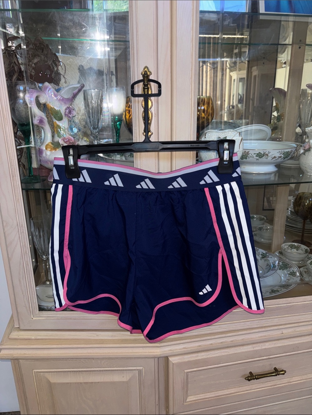 adidas Navy Athletic Shorts with Pink Trim and White Stripes